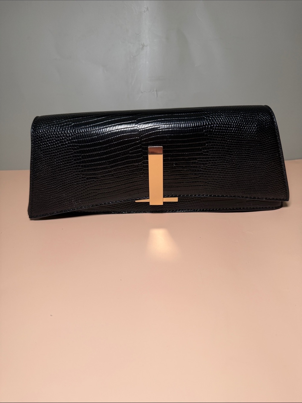 ALDO Black Croc/Lizard-Embossed Clutch Shoulder Bag with Gold Chain